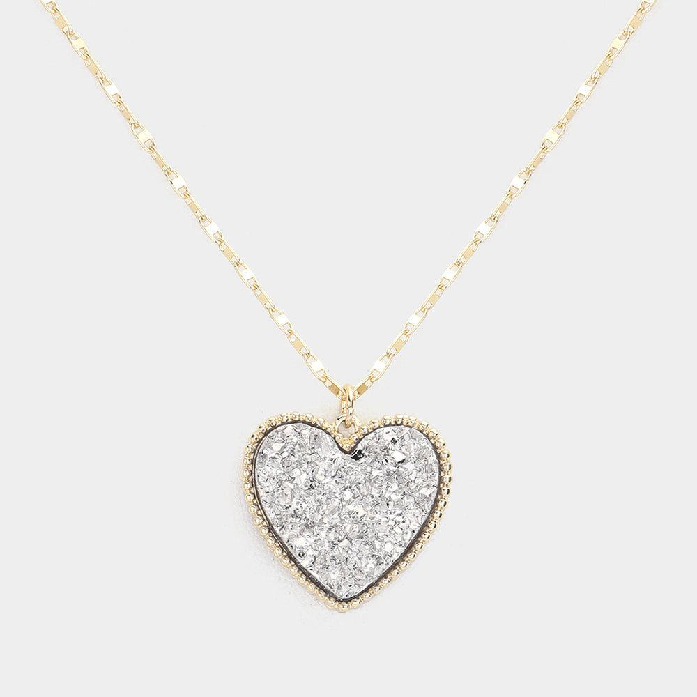 Silver Druzy Heart Pendant Necklace - M H W ACCESSORIES LLC