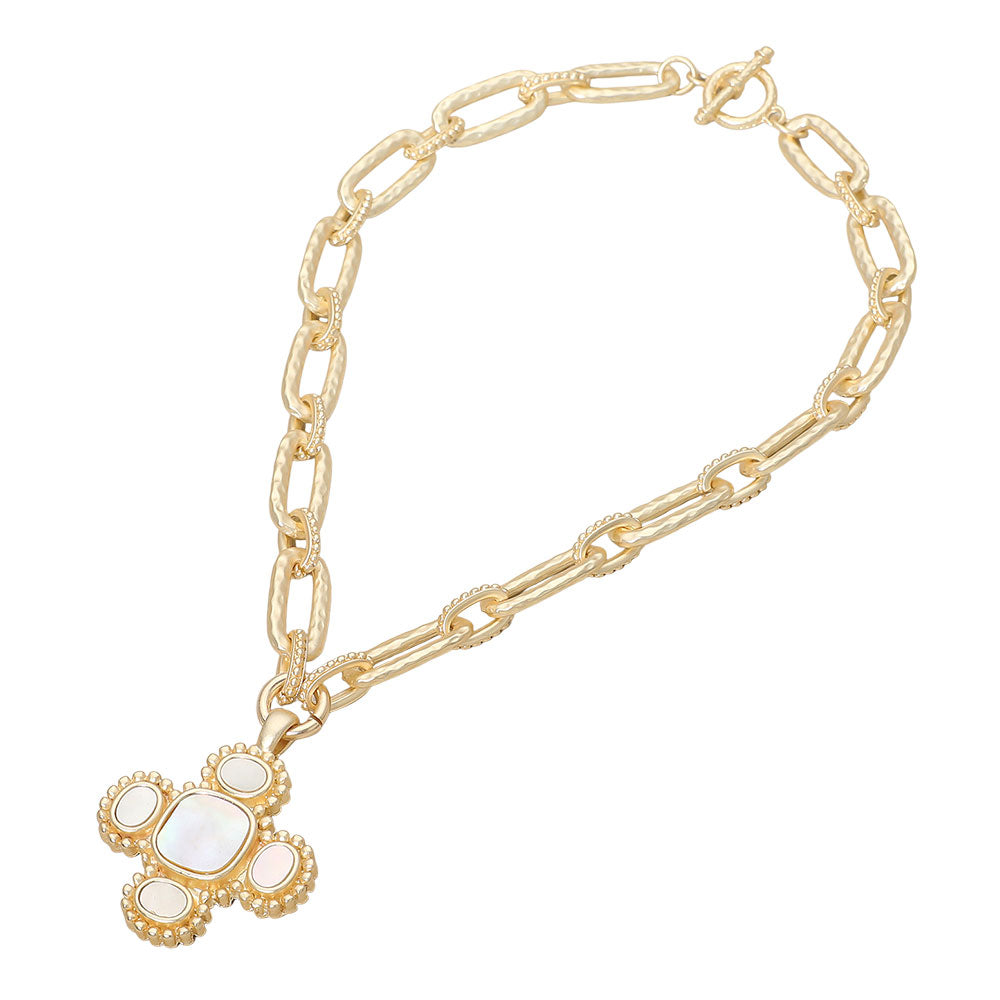 14K Gold Plated Matte Mother of Pearl Quatrefoil Pendant Chunky Toggle Necklace