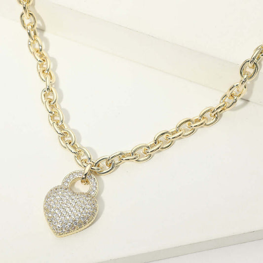 Women's 14K Gold Plated CZ Heart Pendant Chunky Chain Necklace