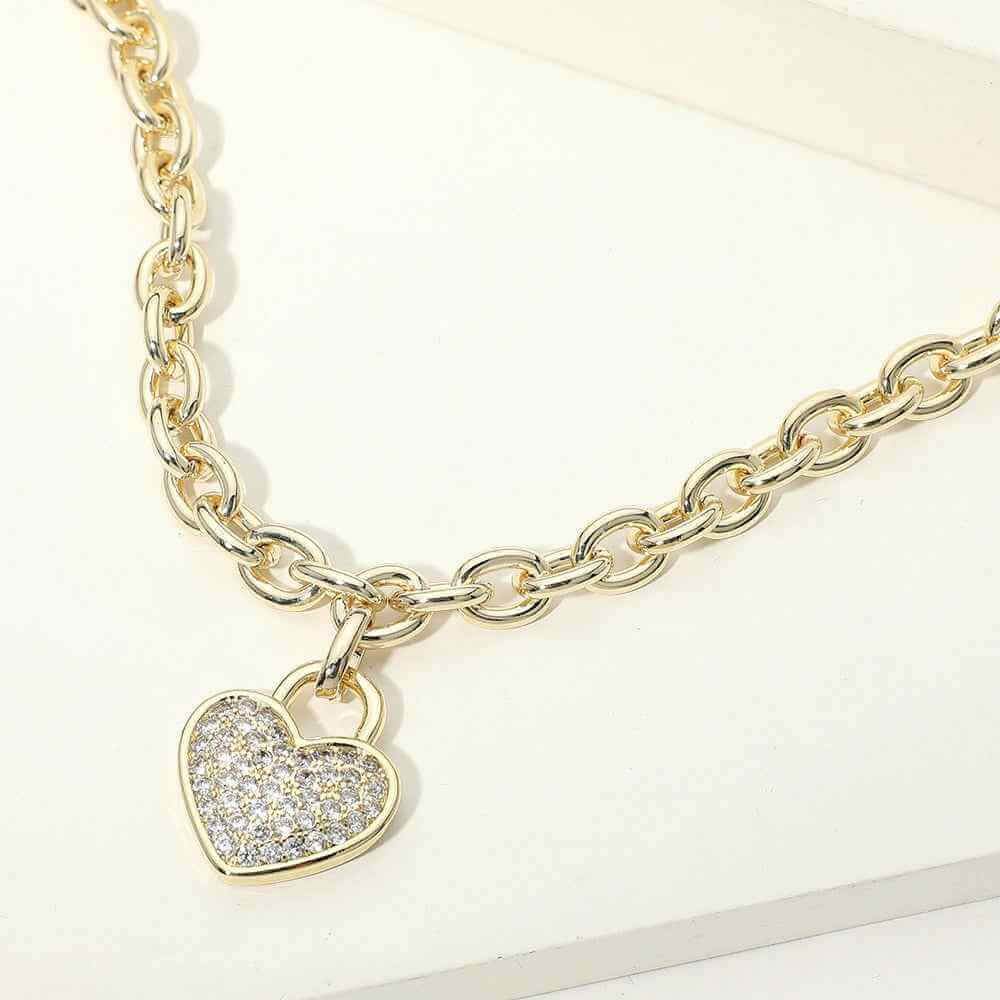 14K Gold Plated CZ Pave Heart Pendant Chunky Chain Necklace