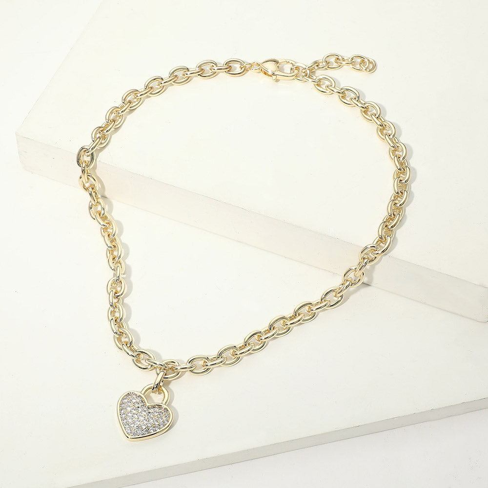 14K Gold Plated CZ Pave Heart Pendant Chunky Chain Necklace M H W ACCESSORIES LLC 14K Gold Plated CZ Pave Heart Pendant Chunky Chain Necklace