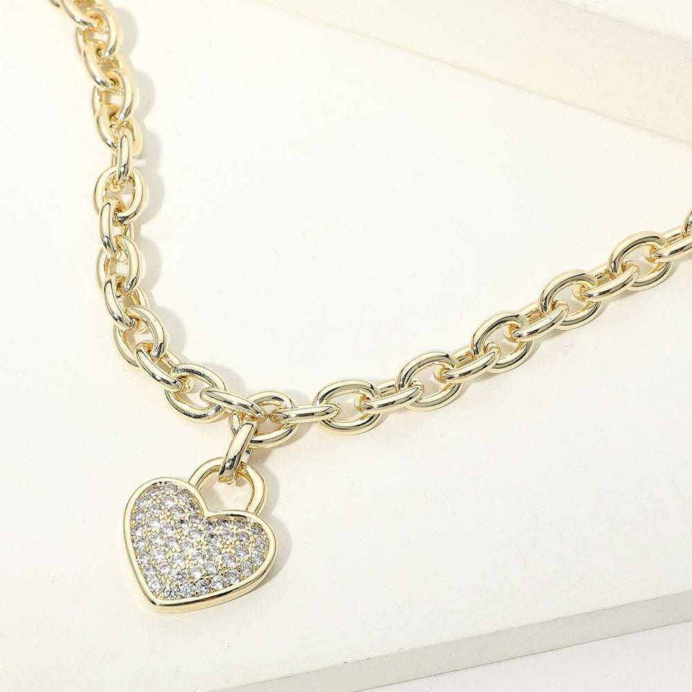 14K Gold Plated CZ Pave Heart Pendant Chunky Chain Necklace M H W ACCESSORIES LLC 14K Gold Plated CZ Pave Heart Pendant Chunky Chain Necklace