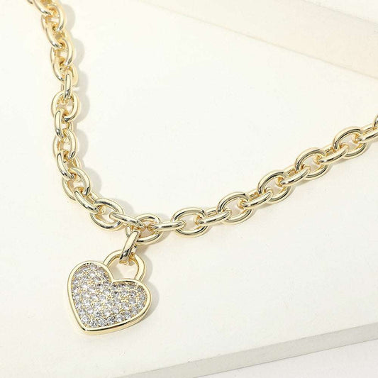 14K Gold Plated CZ Pave Heart Pendant Chunky Chain Necklace M H W ACCESSORIES LLC 14K Gold Plated CZ Pave Heart Pendant Chunky Chain Necklace