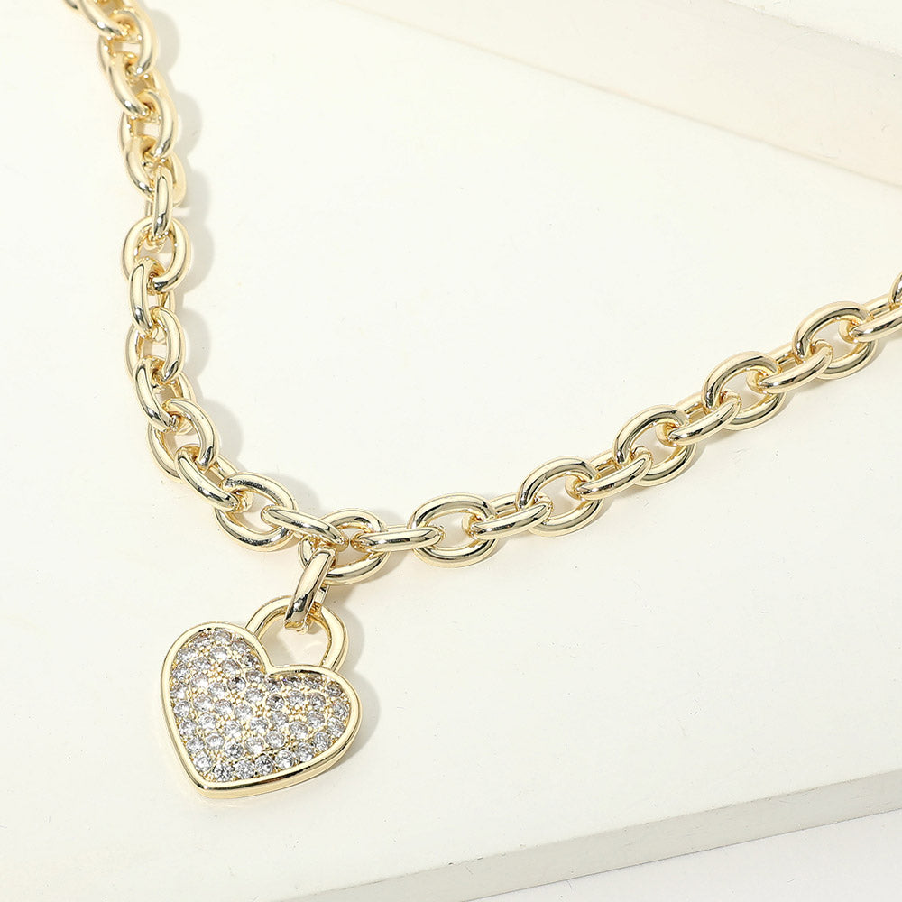 14K Gold Plated CZ Pave Heart Pendant Chunky Chain Necklace M H W ACCESSORIES LLC 14K Gold Plated CZ Pave Heart Pendant Chunky Chain Necklace