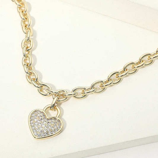 14K Gold Plated CZ Pave Heart Pendant Chunky Chain Necklace M H W ACCESSORIES LLC 14K Gold Plated CZ Pave Heart Pendant Chunky Chain Necklace