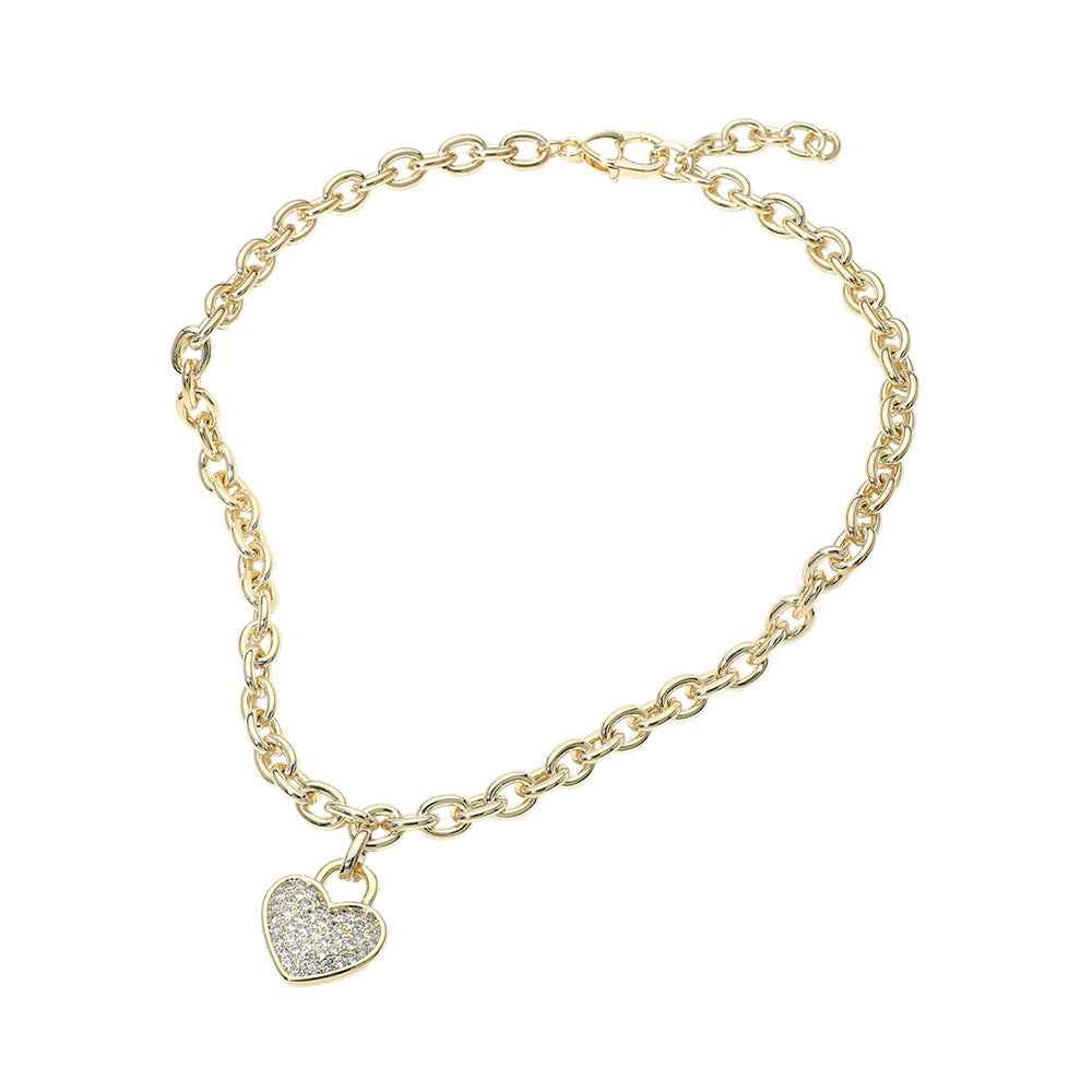 14K Gold Plated CZ Pave Heart Pendant Chunky Chain Necklace