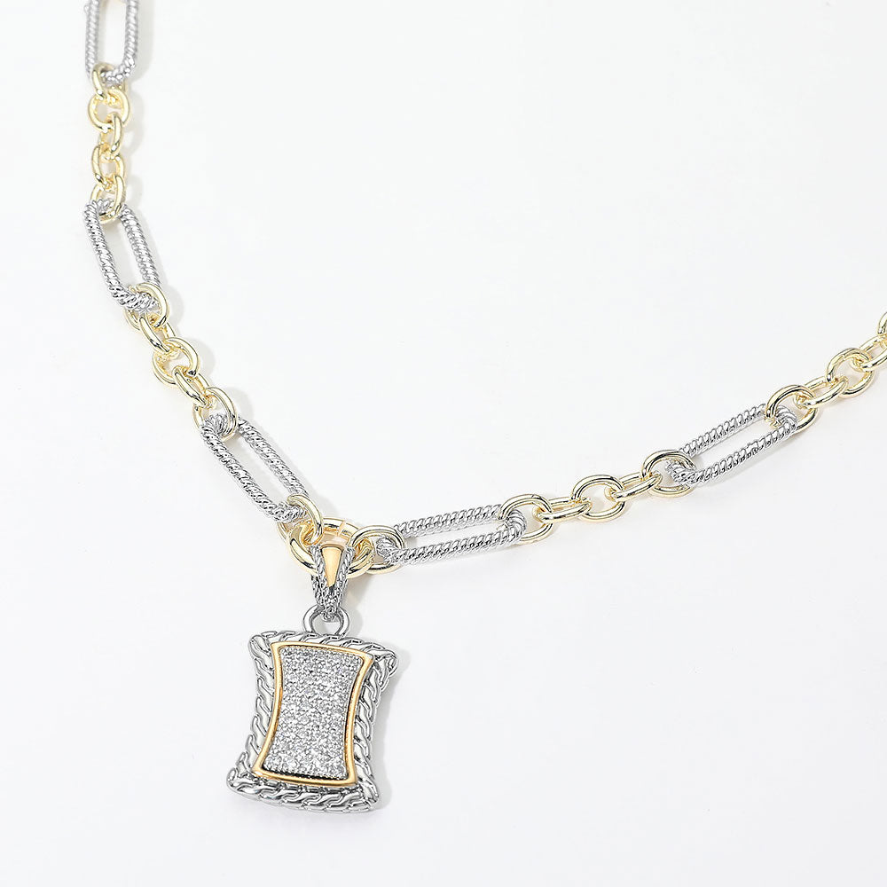 14K Gold Plated Two Tone CZ Pave Rectangular Frame Pendant Necklace