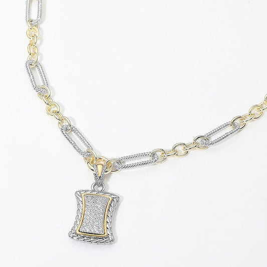 14K Gold Plated Two Tone CZ Pave Rectangular Frame Pendant Necklace