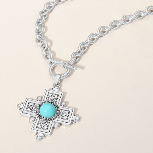 Turquoise Stone Accented Cross Pendant Chunky Chain Necklace