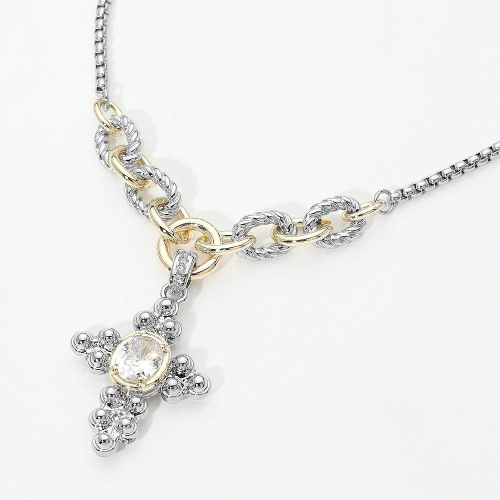 14K Gold Plated Two Tone Oval CZ Accent Cross Pendant Necklace for Women M H W ACCESSORIES LLC 14K Gold Plated Two Tone Oval CZ Accent Cross Pendant Necklace for Women