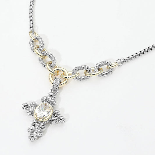 14K Gold Plated Two Tone Oval CZ Accent Cross Pendant Necklace for Women M H W ACCESSORIES LLC 14K Gold Plated Two Tone Oval CZ Accent Cross Pendant Necklace for Women