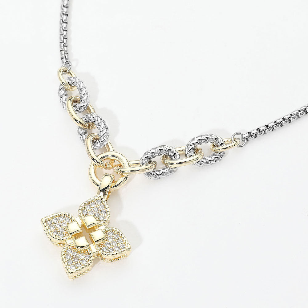 14K Gold Plated Two Tone CZ Pave Flower Pendant Necklace M H W ACCESSORIES LLC 14K Gold Plated Two Tone CZ Pave Flower Pendant Necklace