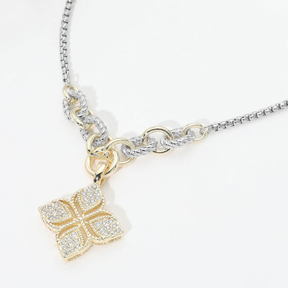 14K Gold Plated Two Tone CZ Pave Clover Pendant Necklace M H W ACCESSORIES LLC 14K Gold Plated Two Tone CZ Pave Clover Pendant Necklace