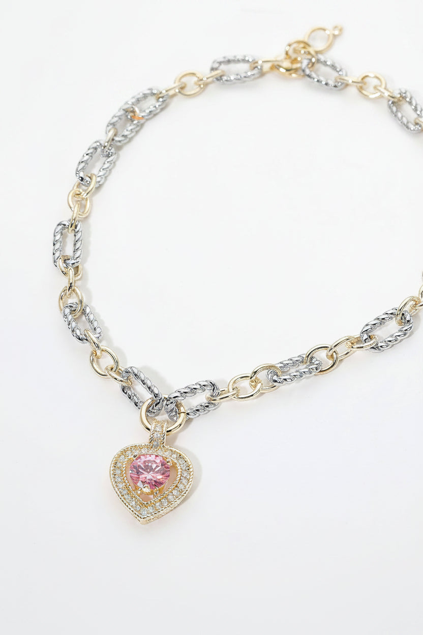 14K Gold Plated Two Tone Chunky Chain CZ  Rose Heart Charm Magnetic Bracelet M H W ACCESSORIES LLC 14K Gold Plated Two Tone Chunky Chain CZ  Rose Heart Charm Magnetic Bracelet