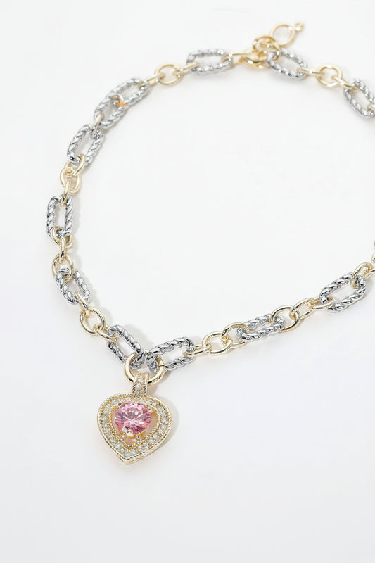 14K Gold Plated Two Tone Chunky Chain CZ  Rose Heart Charm Magnetic Bracelet M H W ACCESSORIES LLC 14K Gold Plated Two Tone Chunky Chain CZ  Rose Heart Charm Magnetic Bracelet