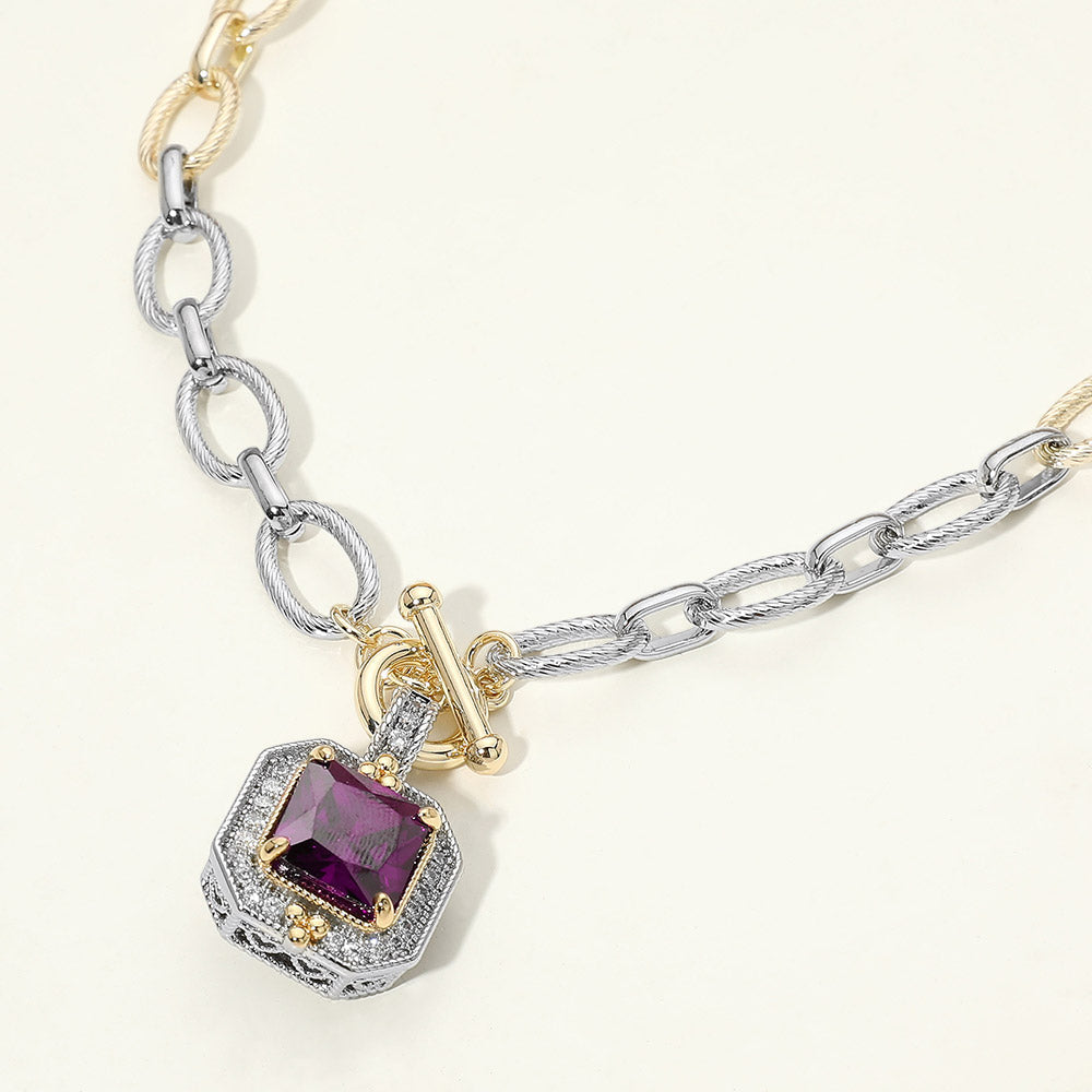 14K Gold Plated Two Tone Chunky Square CZ Pendant Toggle Necklace M H W ACCESSORIES LLC 14K Gold Plated Two Tone Chunky Square CZ Pendant Toggle Necklace