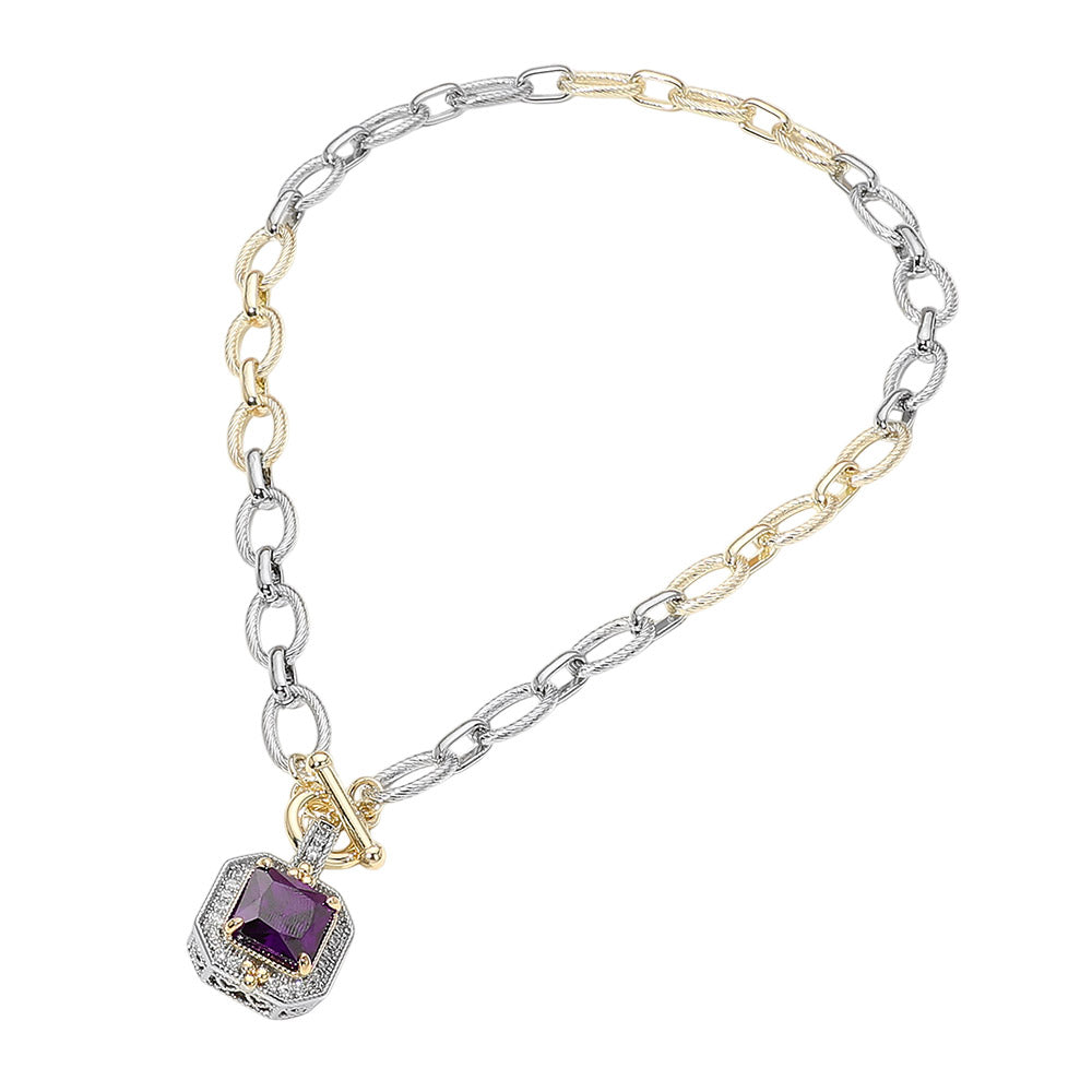 14K Gold Plated Two Tone Chunky Square CZ Pendant Toggle Necklace M H W ACCESSORIES LLC 14K Gold Plated Two Tone Chunky Square CZ Pendant Toggle Necklace