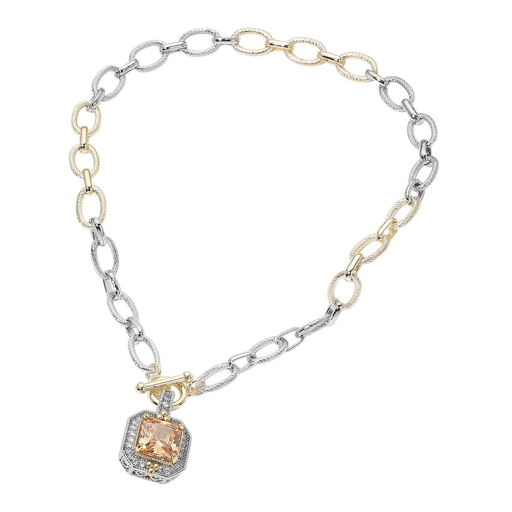 Champagne 14K Gold Plated Two Tone  Chunky Square CZ Pendant Toggle Necklace (Copy) M H W ACCESSORIES LLC Champagne 14K Gold Plated Two Tone  Chunky Square CZ Pendant Toggle Necklace (Copy)