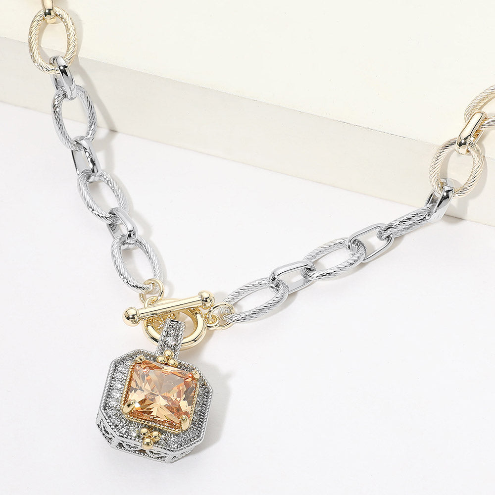 Champagne 14K Gold Plated Two Tone  Chunky Square CZ Pendant Toggle Necklace (Copy) M H W ACCESSORIES LLC Champagne 14K Gold Plated Two Tone  Chunky Square CZ Pendant Toggle Necklace (Copy)