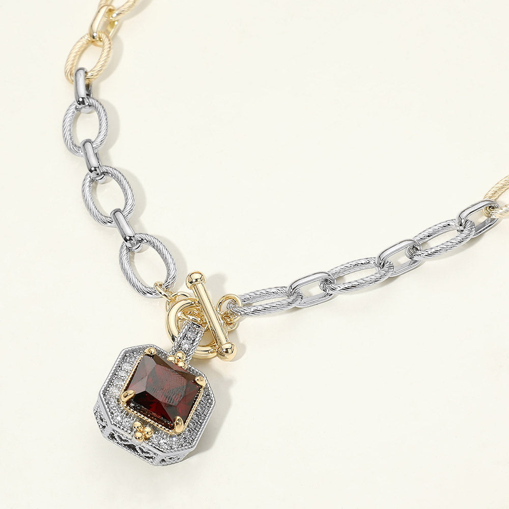14K Gold Plated Two Tone Red Chunky Square CZ Pendant Toggle Necklace M H W ACCESSORIES LLC 14K Gold Plated Two Tone Red Chunky Square CZ Pendant Toggle Necklace