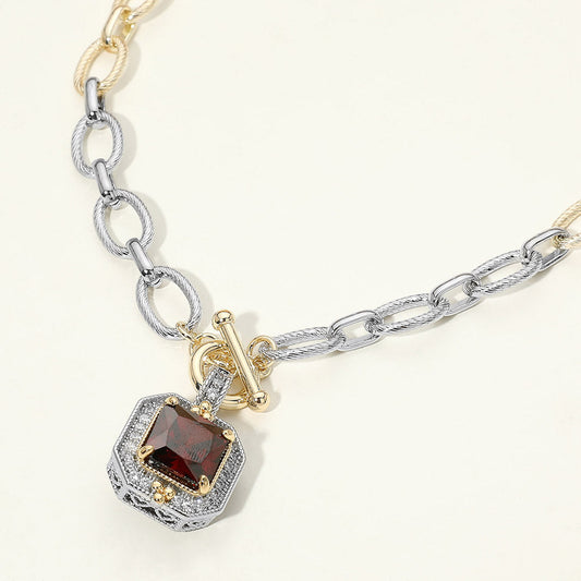 14K Gold Plated Two Tone Red Chunky Square CZ Pendant Toggle Necklace M H W ACCESSORIES LLC 14K Gold Plated Two Tone Red Chunky Square CZ Pendant Toggle Necklace