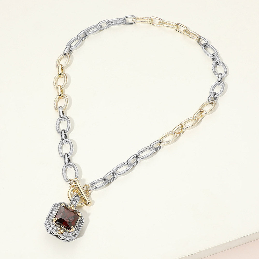 14K Gold Plated Two Tone Red Chunky Square CZ Pendant Toggle Necklace M H W ACCESSORIES LLC 14K Gold Plated Two Tone Red Chunky Square CZ Pendant Toggle Necklace