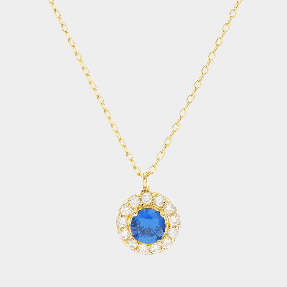 Sapphire Blue Gold Dipped CZ Round Pendant Necklace