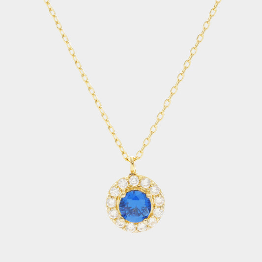 Sapphire Blue Gold Dipped CZ Round Pendant Necklace