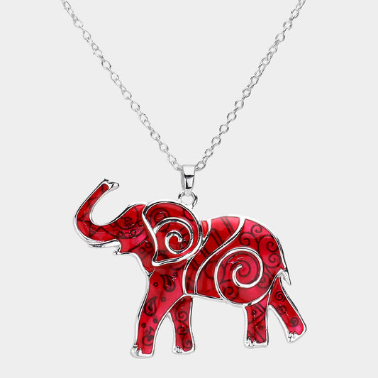 Antique Silver Red Enamel Embossed Metal Elephant Pendant Necklace - M H W ACCESSORIES LLC