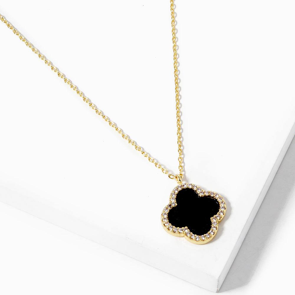 Gold Dipped Black Cubic Zirconia Quatrefoil Necklace for Women