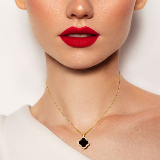 Gold Dipped Black Cubic Zirconia Quatrefoil Necklace for Women