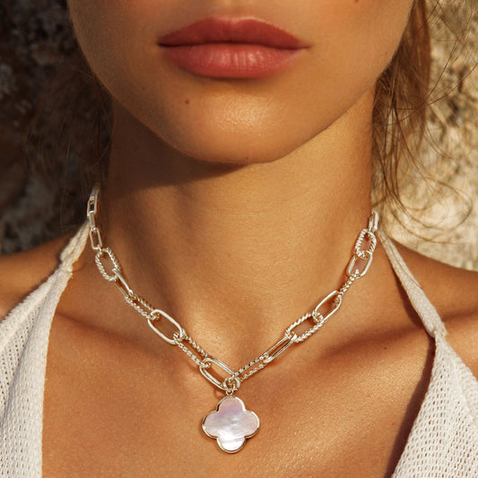 White Gold Dipped Mother of Pearl Quatrefoil Pendant Necklace - M H W ACCESSORIES LLC