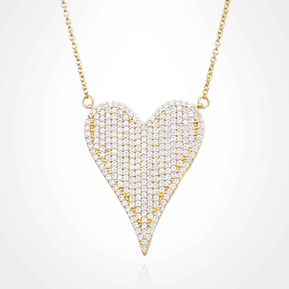 Stainless Steel CZ Gold  Paved Heart Pendant Necklace