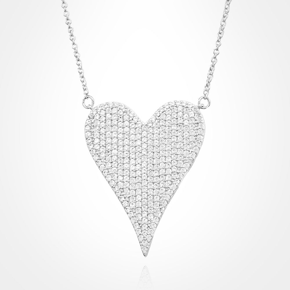 Stainless Steel CZ Silver  Paved Heart Pendant Necklace