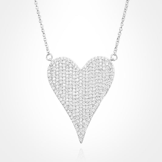 Stainless Steel CZ Silver  Paved Heart Pendant Necklace