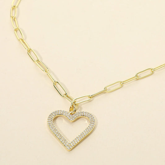 Stainless Steel Gold CZ Stone Paved Open Heart Pendant Paperclip Chain Necklace M H W ACCESSORIES LLC Stainless Steel Gold CZ Stone Paved Open Heart Pendant Paperclip Chain Necklace