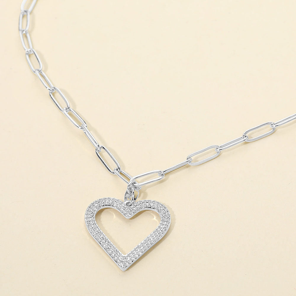 Stainless Steel CZ Stone Paved Open Heart Pendant Paperclip Chain Necklace M H W ACCESSORIES LLC Stainless Steel CZ Stone Paved Open Heart Pendant Paperclip Chain Necklace