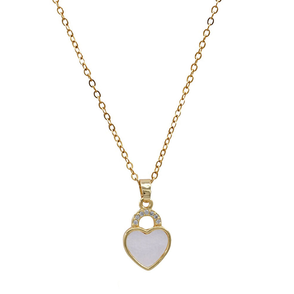 Stainless Steel CZ Mother of Pearl Heart Pendant Necklace