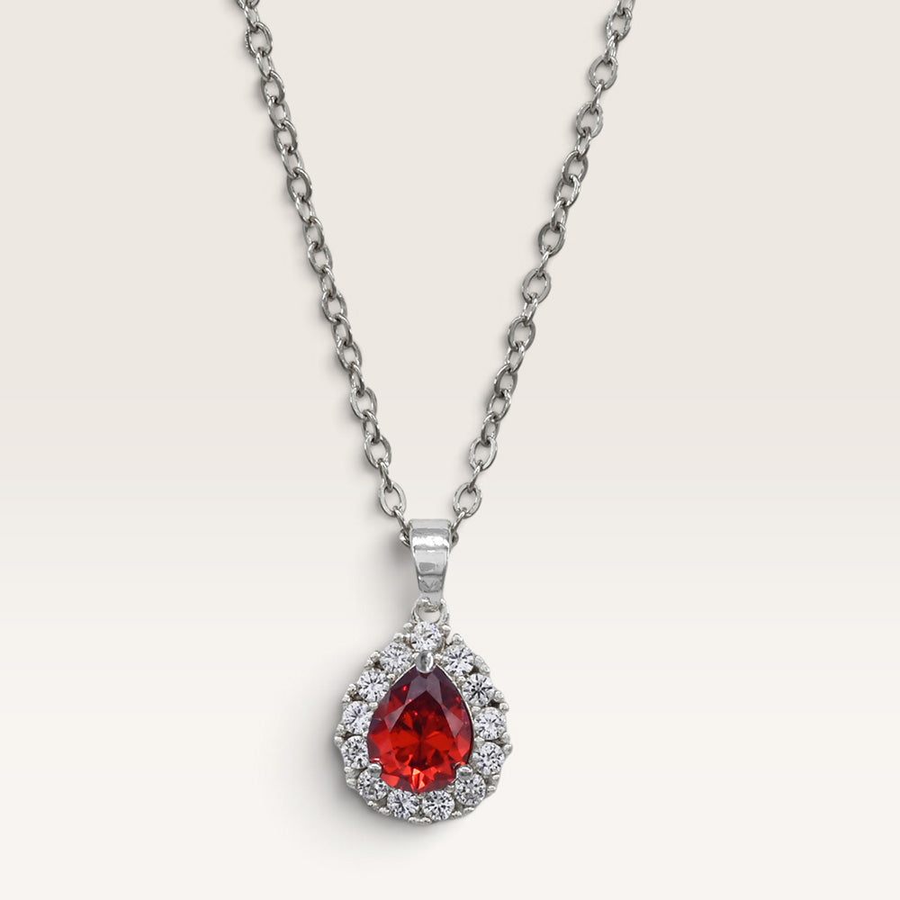 Stainless Steel CZ Teardrop Halo Red Pendant Necklace M H W ACCESSORIES LLC Stainless Steel CZ Teardrop Halo Red Pendant Necklace