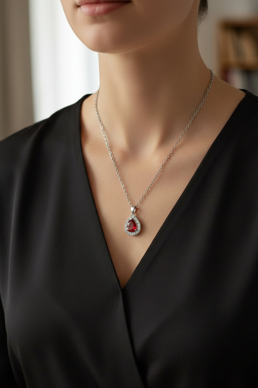 Stainless Steel CZ Teardrop Halo Red Pendant Necklace M H W ACCESSORIES LLC Stainless Steel CZ Teardrop Halo Red Pendant Necklace