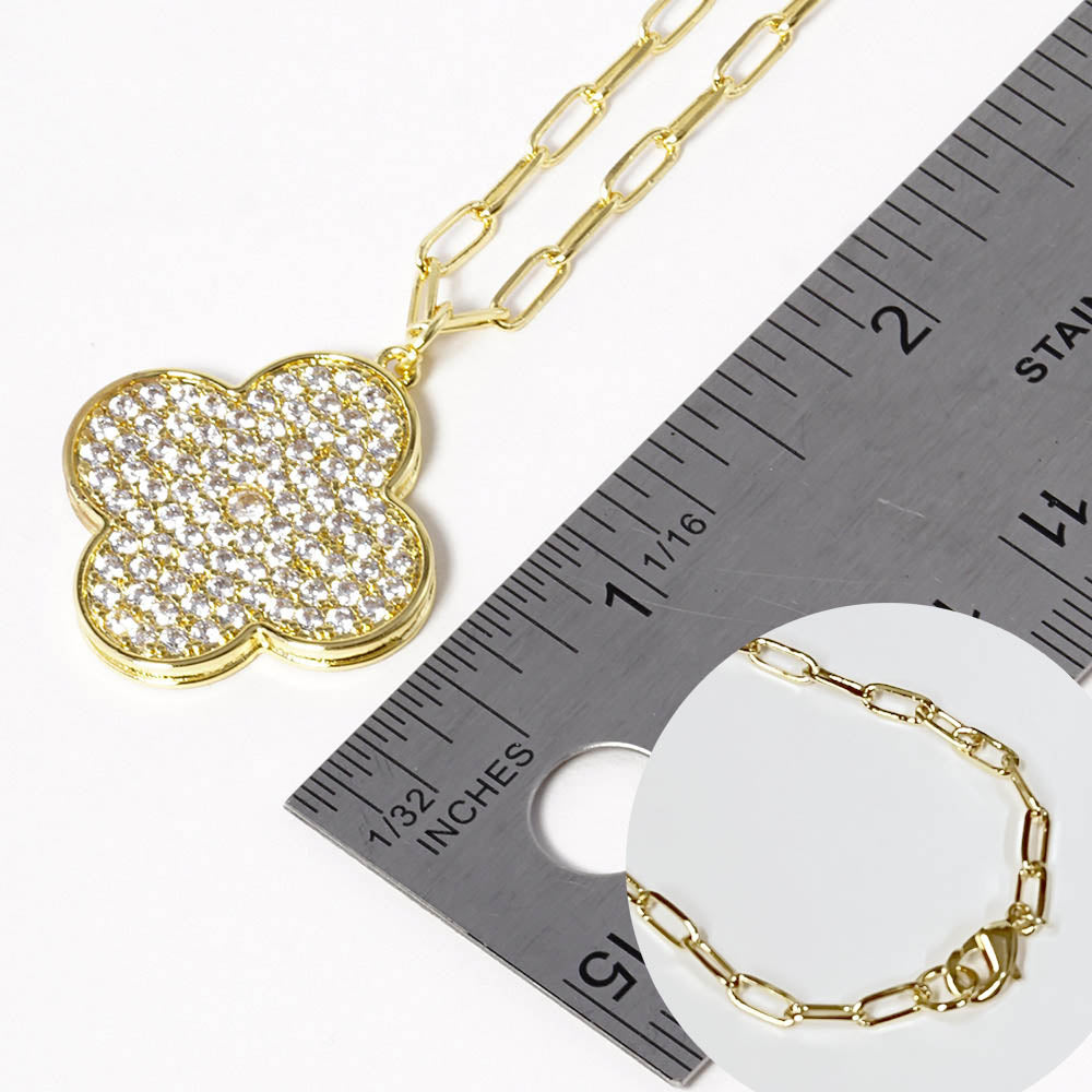 Clear Gold Dipped Stone Paved Quatrefoil Pendant Necklace - M H W ACCESSORIES LLC
