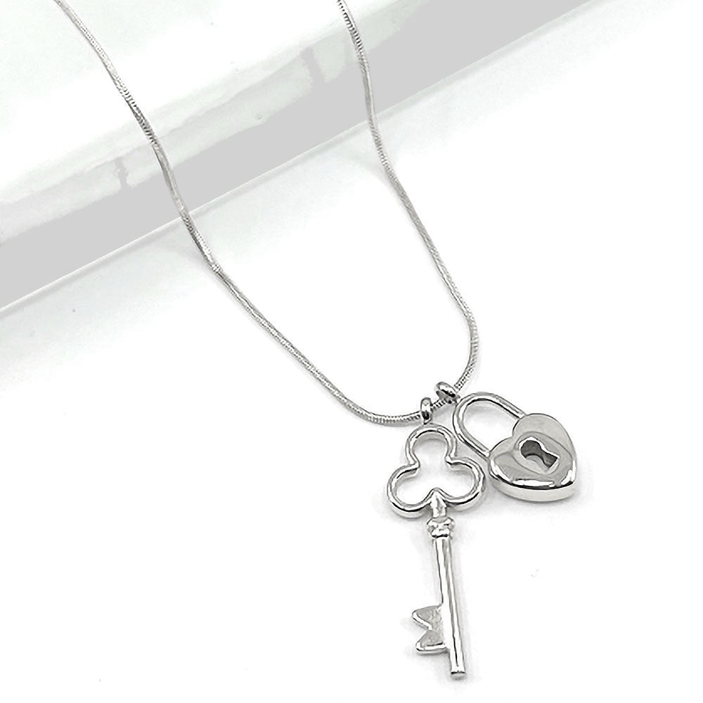 Stainless Steel Heart Lock Clover Key Pendant Necklace