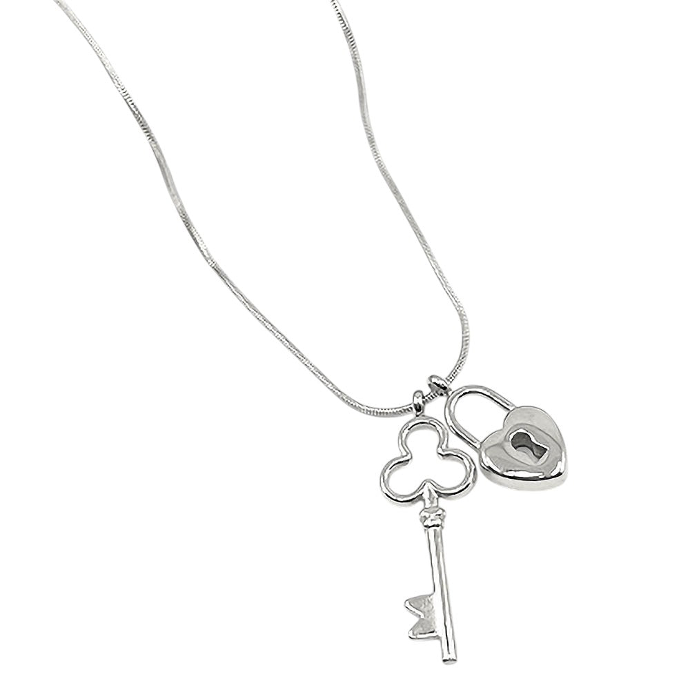 Stainless Steel Heart Lock Clover Key Pendant Necklace