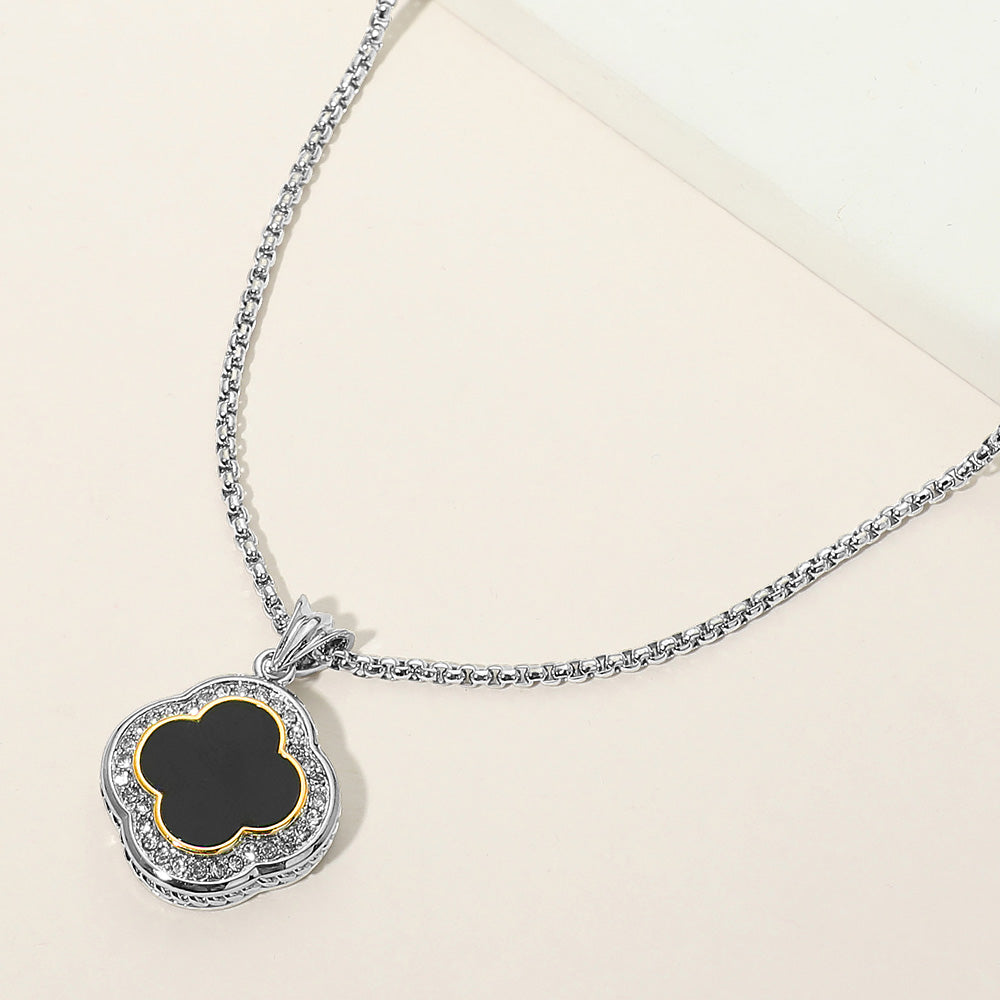 14K Gold Plated Black CZ Pave Rim Quatrefoil Pendant Necklace