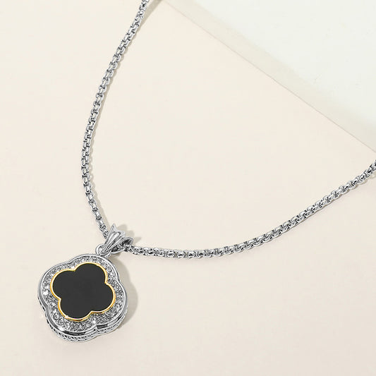 14K Gold Plated Black CZ Pave Rim Quatrefoil Pendant Necklace