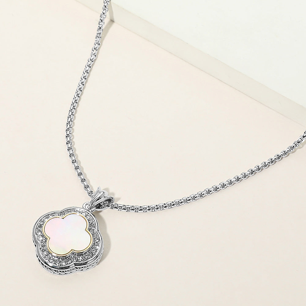 14K Gold Plated Mother of Pearl CZ Pave Rim Quatrefoil Pendant Necklace