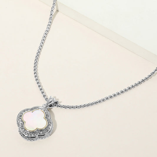 14K Gold Plated Mother of Pearl CZ Pave Rim Quatrefoil Pendant Necklace