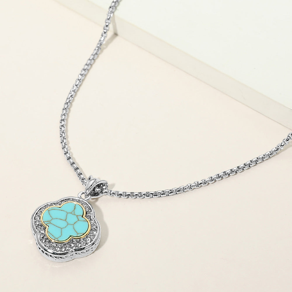 14K Turquoise of Pearl CZ Pave Rim Quatrefoil Pendant Necklace