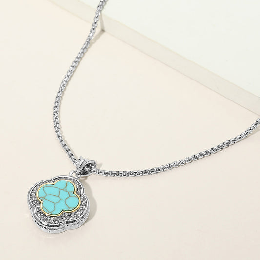 14K Turquoise of Pearl CZ Pave Rim Quatrefoil Pendant Necklace