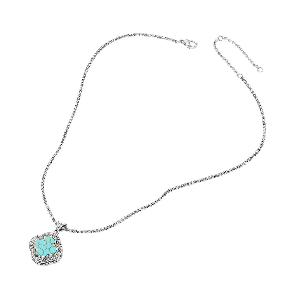 14K Turquoise of Pearl CZ Pave Rim Quatrefoil Pendant Necklace